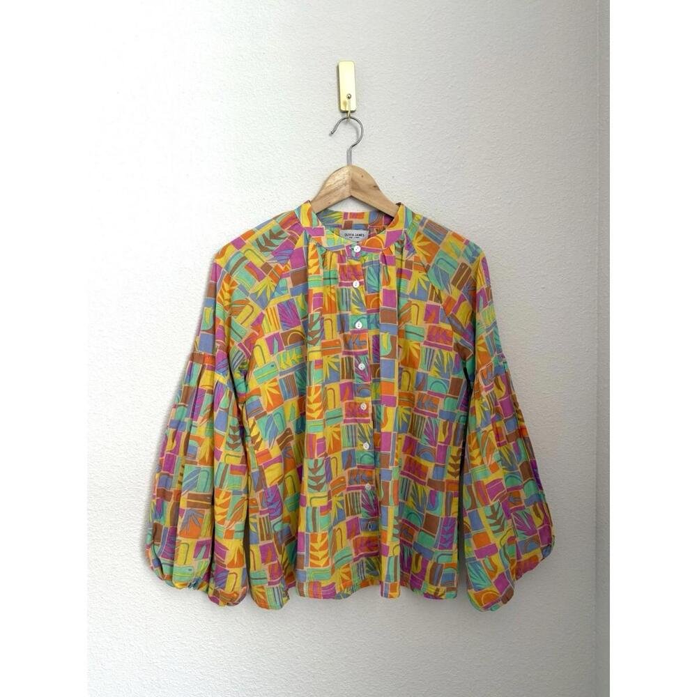 Olivia James the Label Women’s XS Cotton Abstract Colorful Puff Sleeve Blouse